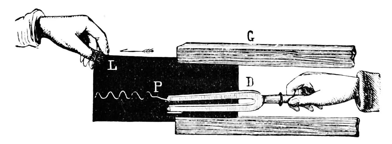 An 1878 engraving: a tuning fork fitted with a stylus traces its own vibrations on a soot-covered plate